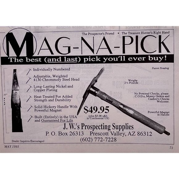 Mag Na Pick Print Ad Vintage 90s Gold JW Prospecting Supplies Prescott Valley AZ - Picture 6 of 6